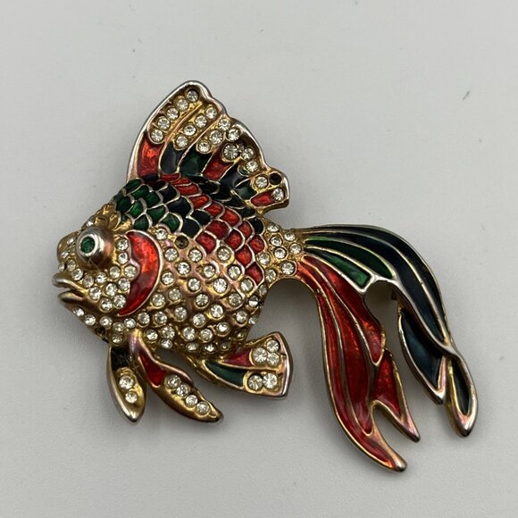Unbranded Jewelry - Enamel Gold Tone Koi Fish Brooch Pin Green Pink Rhinestone Tropical Rhinestones